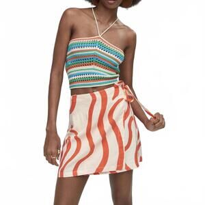 Mango Printed Linen-Blend Skirt Orange Ecru NWT Size XS